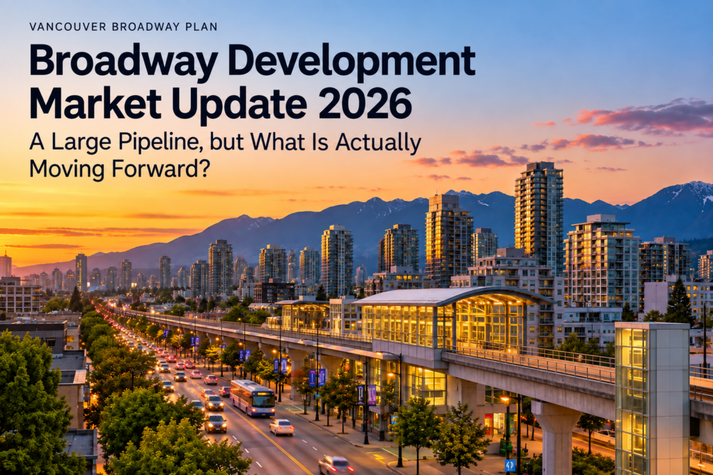 Vancouver Broadway development corridor at sunset with elevated infrastructure, skyline and mountains, 2026 market update